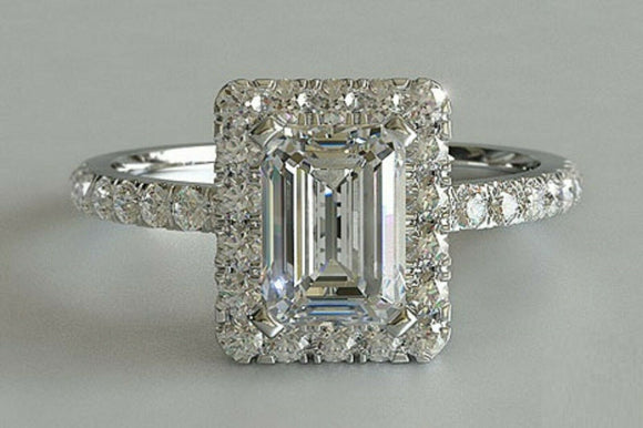 2ct Emerald Cut VVS1D Diamond Engagement Ring Accents Halo 14k White Gold Finish