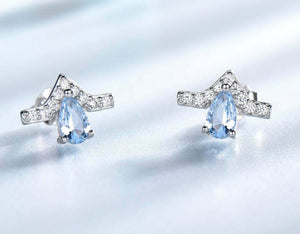 2ct Stud Earrings Pear Cut Blue Aquamarine Crown Design 14k White Gold Finish