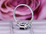 1.9ct Emerald Cut Blue Sapphire Engagement Ring Trilogy 14k White Gold Finish