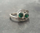 2ct Engagement Ring Round Cut Green Emerald Two Stone Swirl 14k WhiteGold Finish