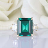 4ct Green Emerald Cut Engagement Ring Diamond Accent Trilogy 14k YellowGold Over