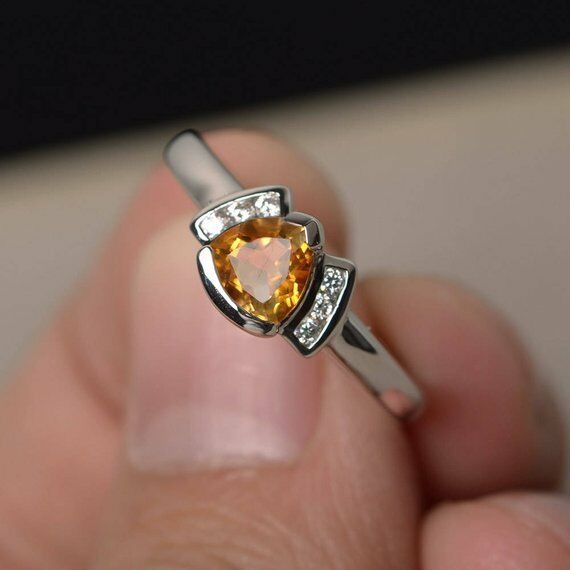 1ct Trillion Cut Yellow Citrine Unique Design Engagement Ring 14k WhiteGold Over