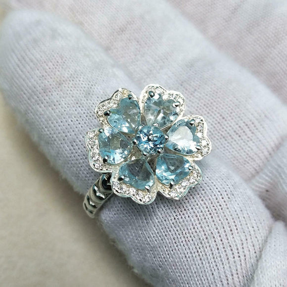 4.5ct Heart Cut Blue Aquamarine Hearts Flower Cocktail Ring 14k WhiteGold Finish