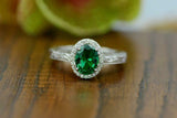 2.2ct Oval Cut Green Emerald Engagement Ring Vintage Halo 14k White Gold Finish