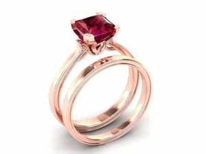 2ct Princess Cut Pink Ruby Bridal Set Band Engagement Ring 14k Rose Gold Finish