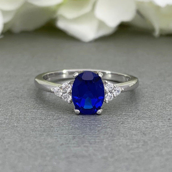 1.2ct Oval Blue Sapphire Accents Solitaire Engagement Ring 14k White Gold Finish