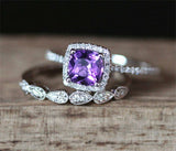 4Ct Cushion Cut Purple Amethyst Bridal Set Halo Ring Band 14k White Gold Finish