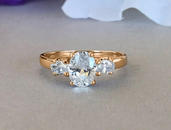 Three Stone Solitaire Engagement Ring 1.3ct Oval Cut Diamond 14k RoseGold Finish