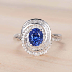 3ct Oval Cut Blue Sapphire Engagement Ring Swirl Art Deco 14k White Gold Finish