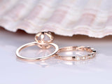 2ct Round Cut Peach Morganite Halo Bridal Set Engagement Ring 14k Rose Gold Over