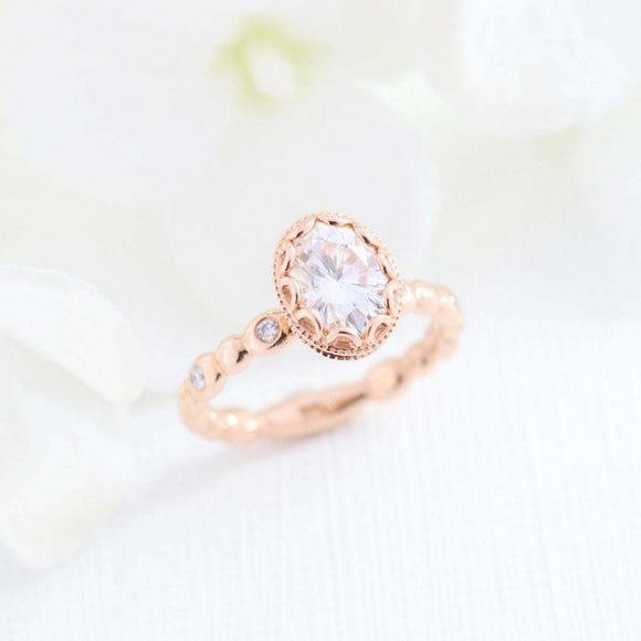 1.6ct Oval Cut Diamond Engagement Ring Floral Solitaire 14k Rose Gold Finish