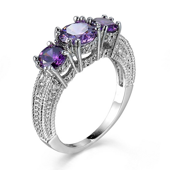 3.3Ct Round Cut Amethyst Milgrain Trilogy Engagement Ring 14K White Gold Finish