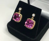 2.3ct Drop Earrings Cushion Pink Sapphire Beaded Solitaire 14k Yellow Gold Over