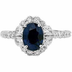 2ct Oval Cut Blue Sapphire Engagement Ring Halo Round Accent 14k White Gold Over