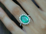 2.6ct Engagement Ring Oval Cut Green Emerald Diamond Floral 14k WhiteGold Finish