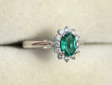 1.76ct Oval Cut Green Emerald Floral Halo Engagement Ring 14k White Gold Finish