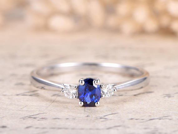 1ct Oval Cut Blue Sapphire Diamond Trilogy Solitaire Ring 14k White Gold Finish