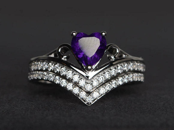 2ct Engagement Ring Heart Cut Purple Amethyst Bridal Set 14k White Gold Finish