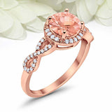 2ct Round Cut Peach Morganite Engagement Ring Twist Shank Halo 14k RoseGold Over