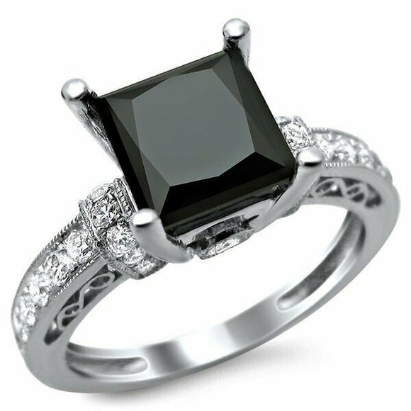 2.5Ct Princess Cut Black Diamond Vintage Engagement Ring 14K White Gold Finish