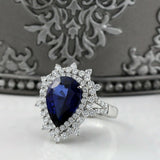 5Ct Pear Cut Blue Sapphire Vintage Cocktail Engagement Ring 18K White Gold Over