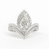 2.4ct Pear Diamond Crown Chevron Curved Engagement Ring Set 14k WhiteGold Finish