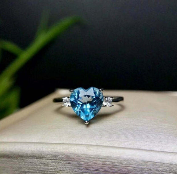 1ct Engagement Ring Heart Cut Blue Topaz Minimalist Trilogy 14k WhiteGold Finish