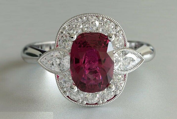 3ct Cushion Cut Pink Ruby Engagement Ring Pear Diamond Halo 14k WhiteGold Finish