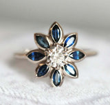 2ct Marquise Cut Blue Sapphire Engagement Ring 14k WhiteGold Over Diamond Flower