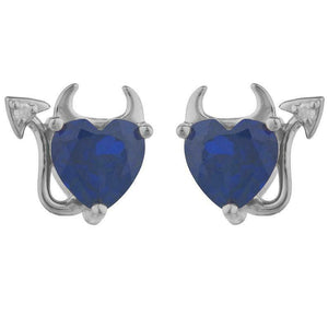 1.5ct Stud Earrings Heart Cut Blue Sapphire Devil Design 14k White Gold Finish