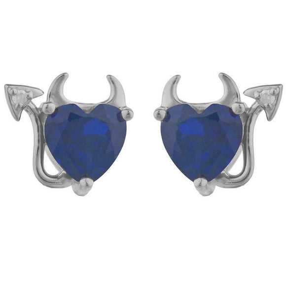 1.5ct Stud Earrings Heart Cut Blue Sapphire Devil Design 14k White Gold Finish