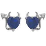 1.5ct Stud Earrings Heart Cut Blue Sapphire Devil Design 14k White Gold Finish