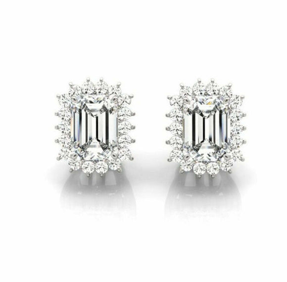 2ct Stud Earrings Emerald Cut Diamond Halo Floral 14k White Gold Finish