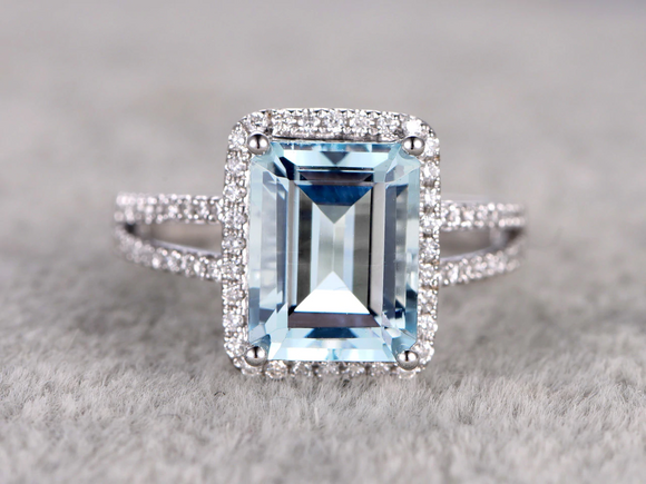 3ct Emerald Cut Blue Aquamarine Diamond Halo Split Shank Ring 14k WhiteGold Over