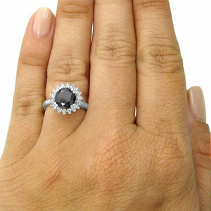 3Ct Round Cut Black Diamond Sunflower Halo Solitaire Ring 14K White Gold Finish