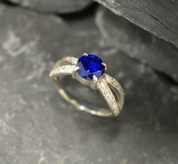 1.5ct Engagement Ring Round Cut Blue Sapphire Split Shank 14k White Gold Finish