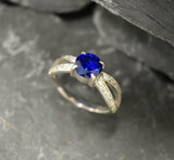 1.5ct Engagement Ring Round Cut Blue Sapphire Split Shank 14k White Gold Finish