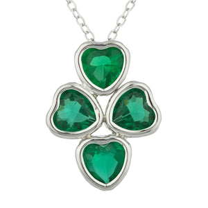 4ct Green Emerald Pendant with Chain Heart Cut Four Heart 14k White Gold Finish