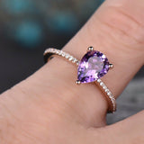 1.4Ct Pear Cut Purple Amethyst Diamond Accent Promise Ring 14K Rose Gold Finish