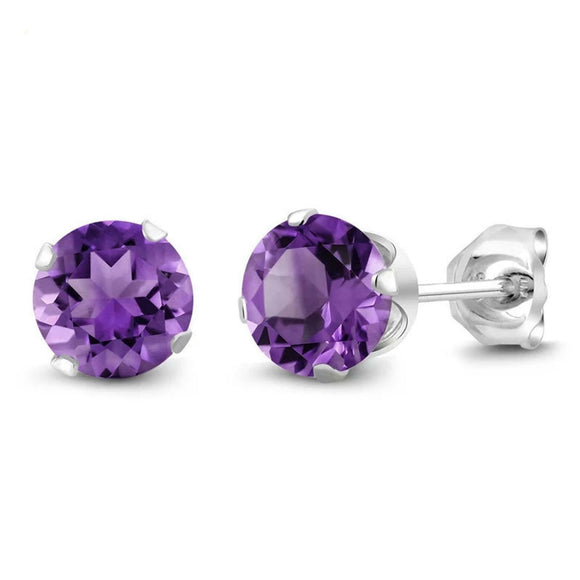 2ct Stud Earrings Round Cut Purple Amethyst Solitaire Women 14k WhiteGold Finish