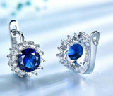 2.3ct Drop Earrings Round Cut Blue Sapphire Halo Floral 14k White Gold Finish