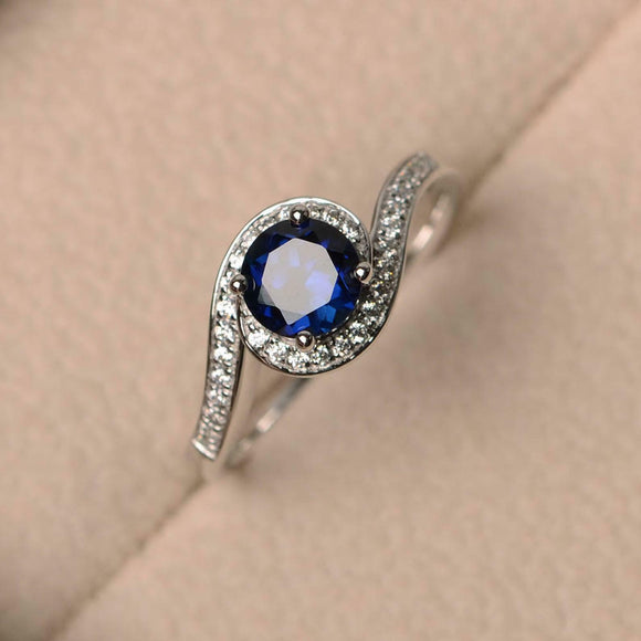 2ct Round Cut Blue Sapphire Engagement Ring Swirl Twist 14k White Gold Finish