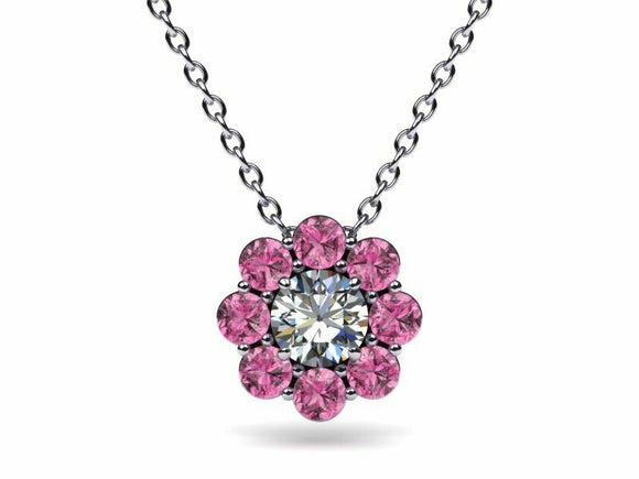 1.7ct Diamond Round Cut Pink Sapphire Halo Pendant with Chain 14k WhiteGold Over