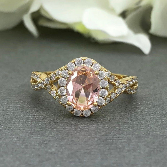 2ct Oval Cut Peach Morganite Halo Infinity Engagement Ring 14k YellowGold Finish