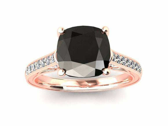 1.5ct Cushion Cut Black Diamond Solitaire with Accent Ring 14k Rose Gold Finish