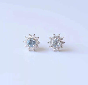 2ct Stud Earrings Round Cut Blue Aquamarine Diamond Floral 14k White Gold Finish