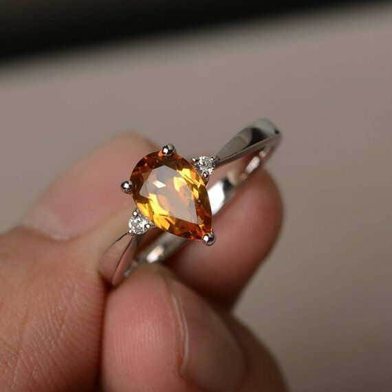 0.75ct Pear Cut Yellow Citrine Solitaire Engagement Ring 14k White Gold Finish