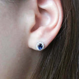 2ct Oval Cut Blue Sapphire Diamond Halo Stud Earrings 14k White Gold Finish