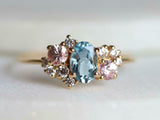 1.8ct Engagement Ring Oval Cut Blue Aquamarine Cluster 14k Yellow Gold Finish