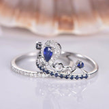 1ct Pear Cut Blue Sapphire Crown Bridal Set Engagement Ring 14k WhiteGold Finish